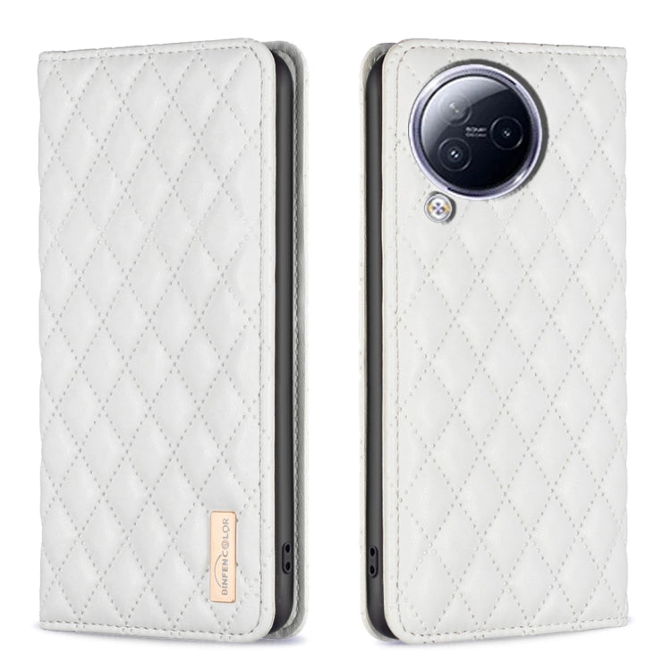 White diamond-lattice leather flip phone case with camera cutout and magnetic flap