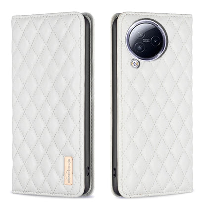 White diamond-lattice leather flip phone case with camera cutout and magnetic flap