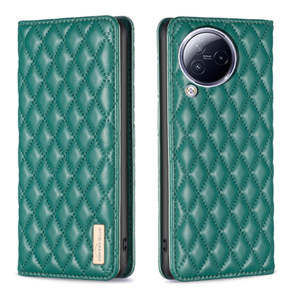 Green diamond-lattice leather flip phone case with camera cutout and stitched quilt