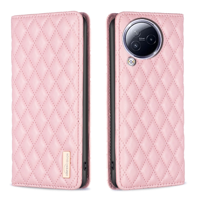 Pink diamond-lattice leather flip phone case with camera cutout and magnetic flap