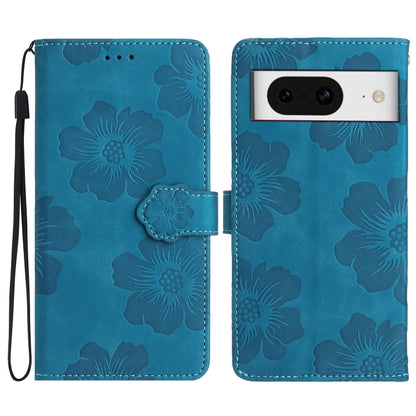 Blue embossed flower leather wallet phone case with magnetic flap and wrist strap