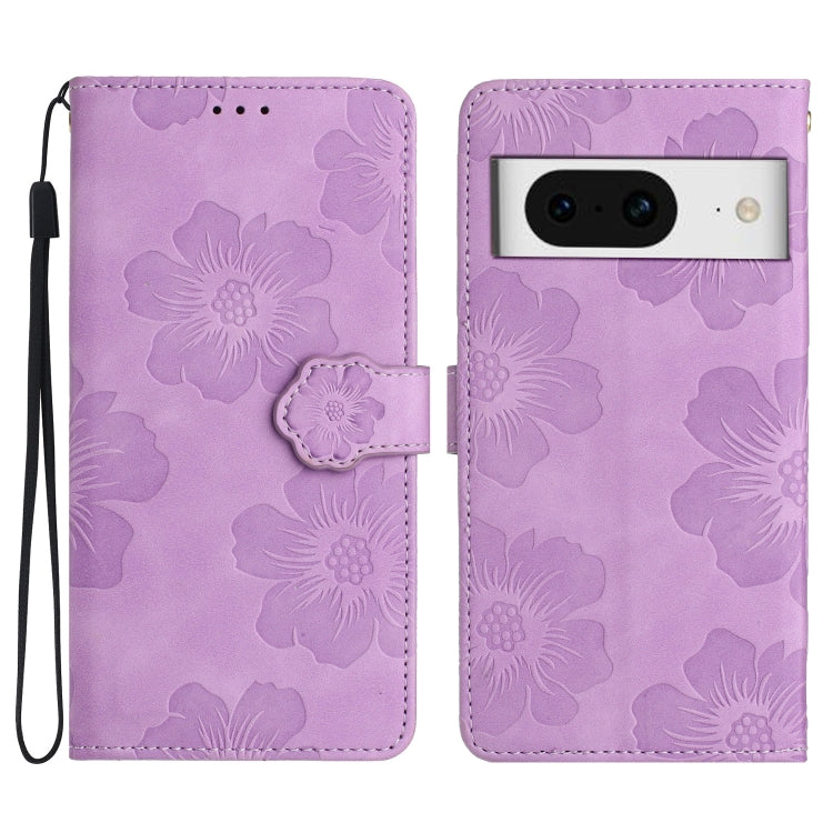 Purple embossed flower leather wallet phone case with magnetic flap and wrist strap