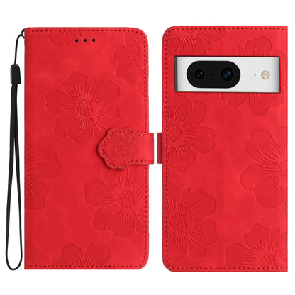 Red embossed flower leather wallet phone case with magnetic flap and wrist strap