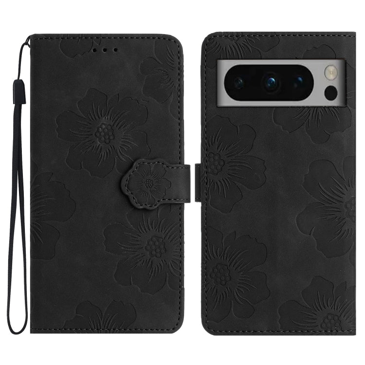 Black flower-embossed leather phone case, folio flap with wrist strap