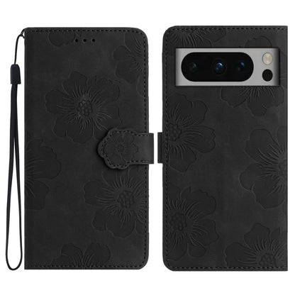 Black flower-embossed leather phone case, folio flap with wrist strap