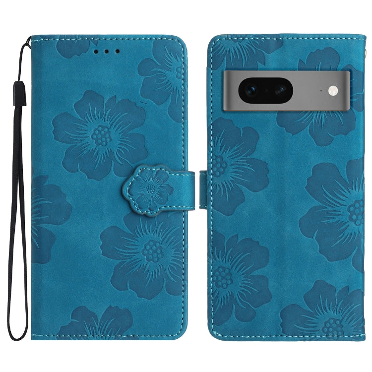 Blue flower-embossed leather phone case, folio flap with wrist strap
