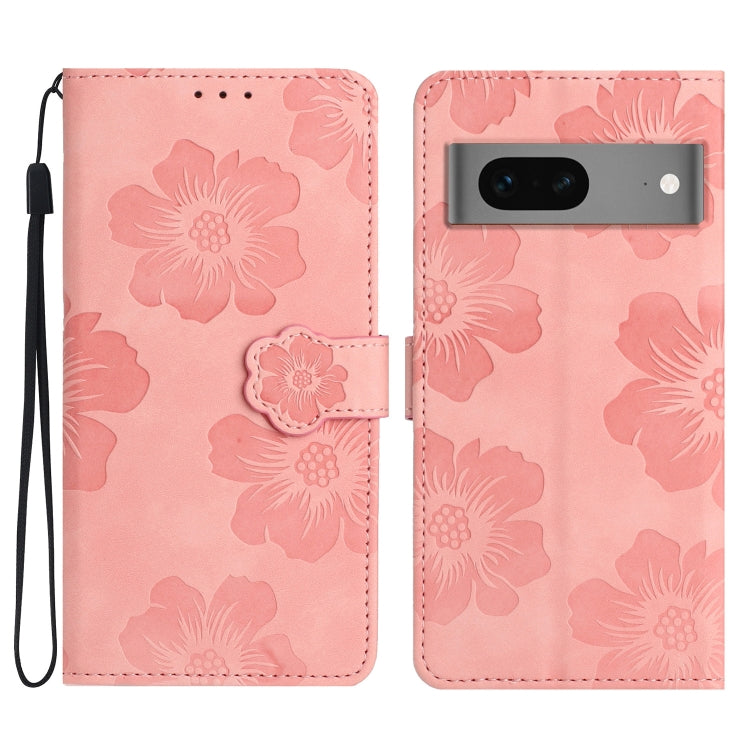 Pink flower-embossed leather phone case, folio flap with wrist strap