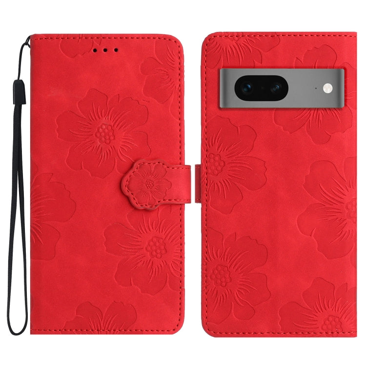 Red flower-embossed leather phone case, folio flap with wrist strap