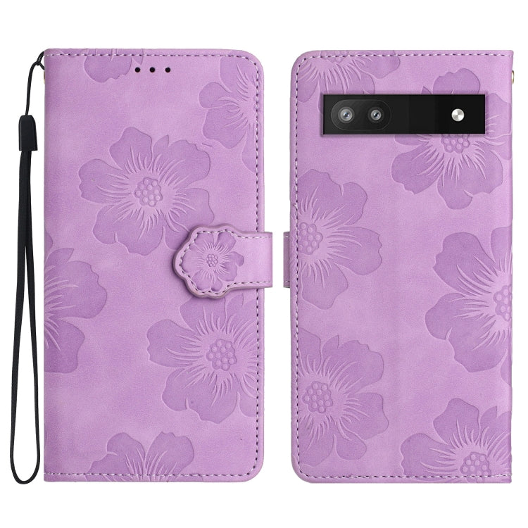 Lavender embossed floral leather phone case with flip cover and camera cutout.