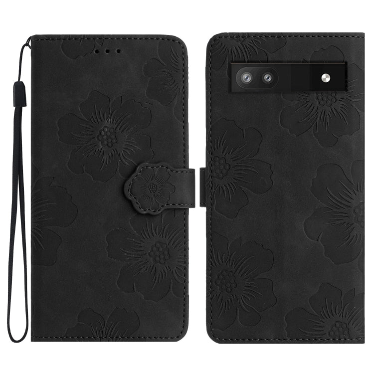 Black floral embossed leather-style phone case with flip cover and wrist strap