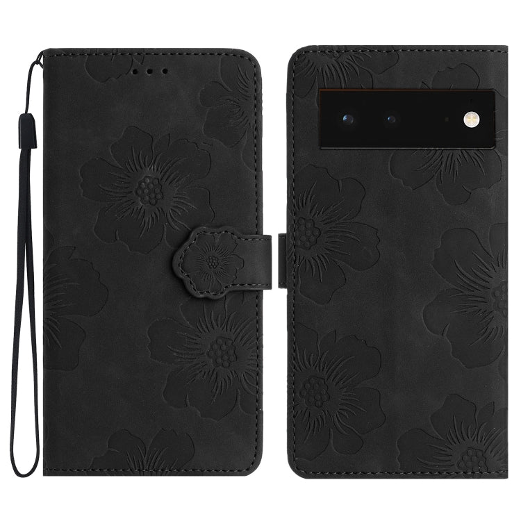 Black floral embossed leather-style phone case with flip cover and wrist strap
