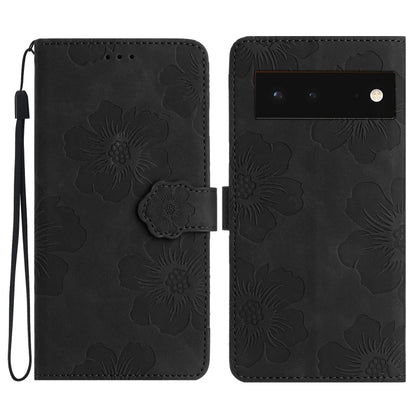 Black floral embossed leather-style phone case with flip cover and wrist strap