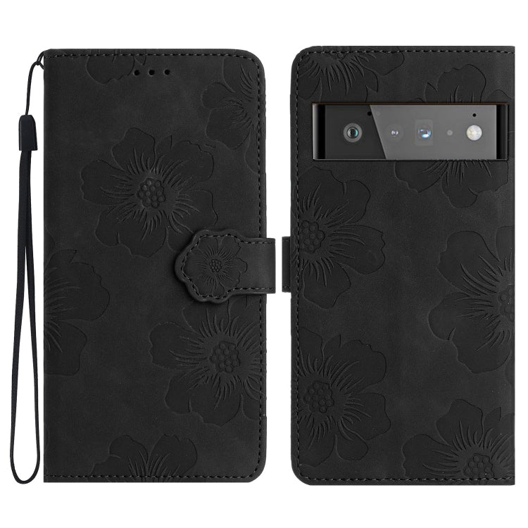 Flower-embossed leather phone case in dark black with wrist strap and card holder