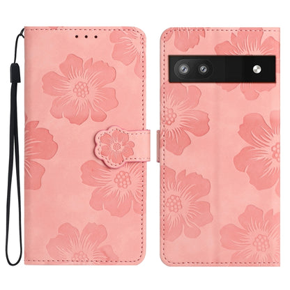 Flower-embossed leather phone case in pink with wrist strap and card holder