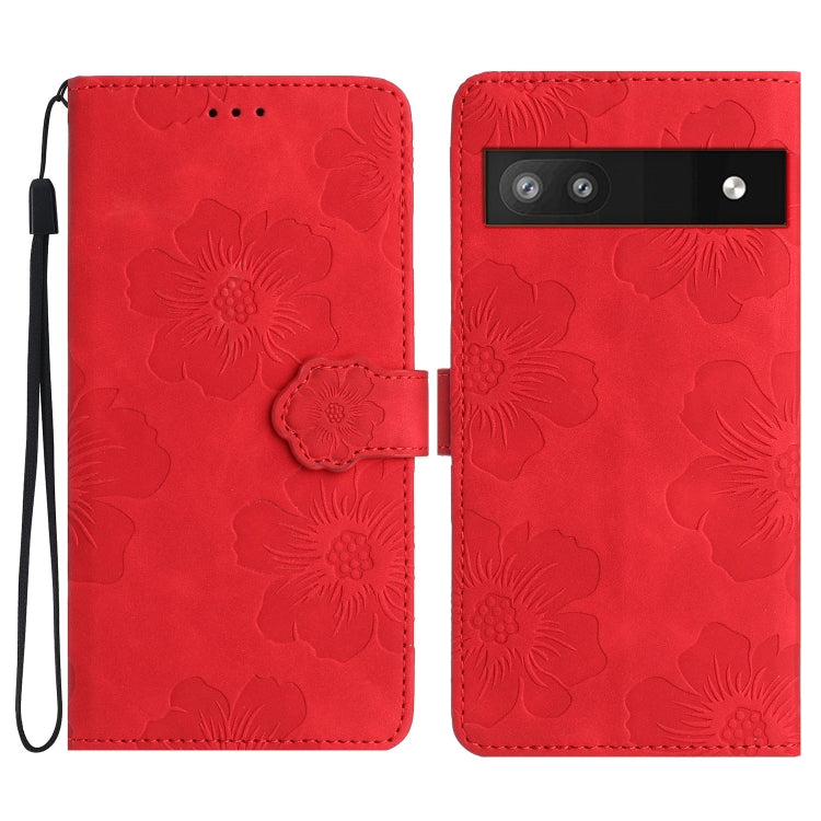 Flower-embossed leather phone case in red with wrist strap and card holder