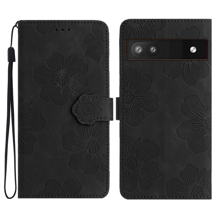 Flower-embossed leather phone case in dark black with wrist strap and card holder