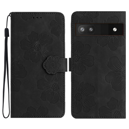 Flower-embossed leather phone case in dark black with wrist strap and card holder