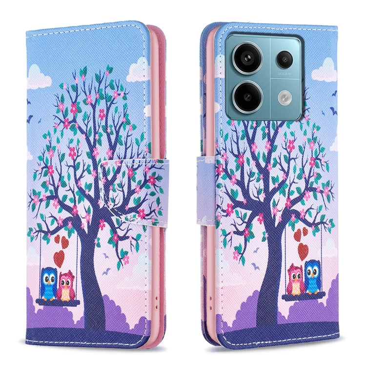 Leather phone wallet case with colorful owl-and-tree illustration, flip cover.