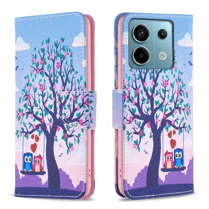 Leather phone wallet case with colorful owl-and-tree illustration, flip cover.