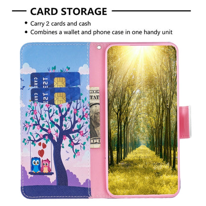 Leather phone wallet case with owl-and-tree design, card slots and clear ID window.