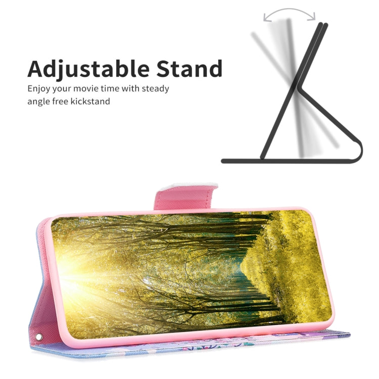 Leather phone wallet case with owl-and-tree pattern, stand-open view for phone.