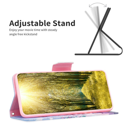 Leather phone wallet case with owl-and-tree pattern, stand-open view for phone.