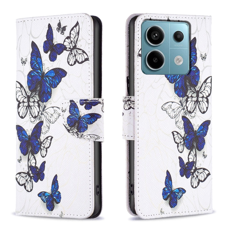 Leather phone wallet case with blue butterfly illustration, flip cover with phone cutouts.
