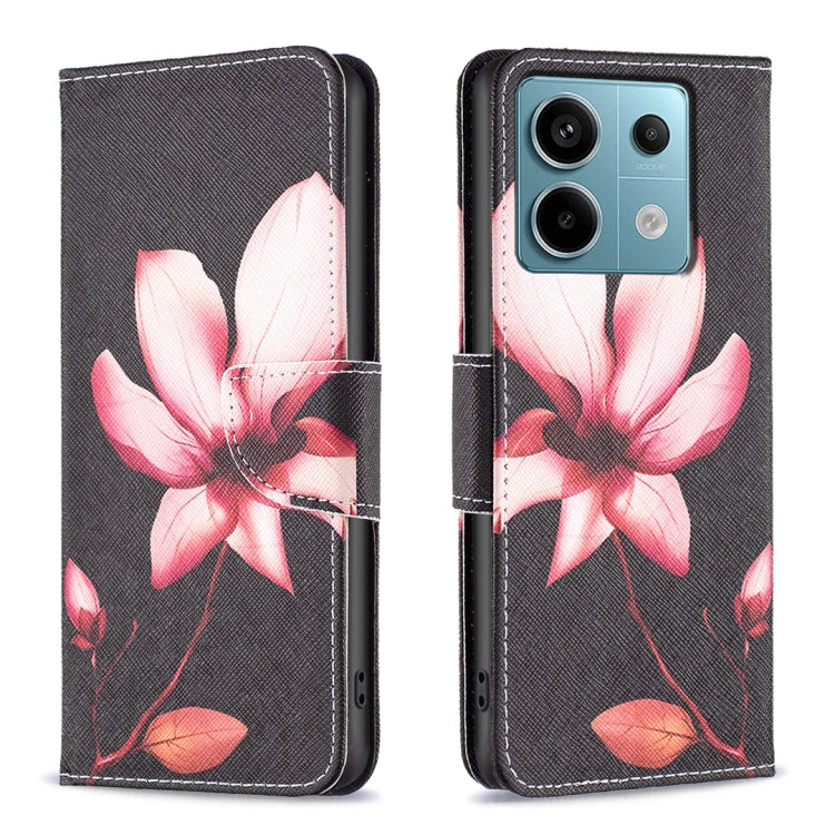 Leather phone wallet case with pink flower illustration on dark background, flip cover.