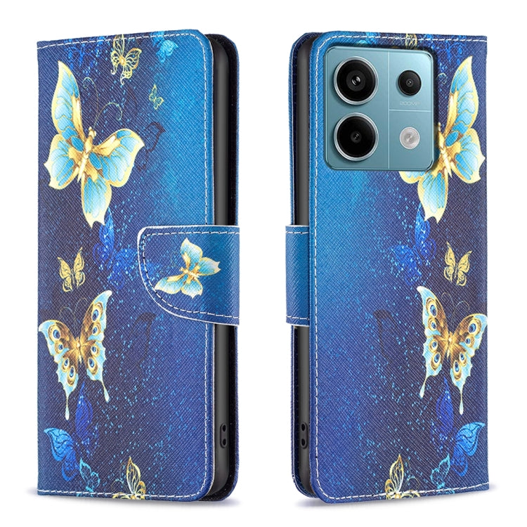 Leather phone wallet case with blue butterfly illustration and gold accents, flip cover.