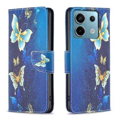 Leather phone wallet case with blue butterfly illustration and gold accents, flip cover.
