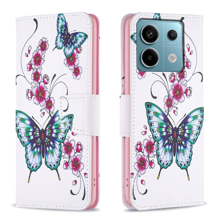 Leather phone case with white background, pink flowers and butterfly pattern, magnetic-flap wallet.