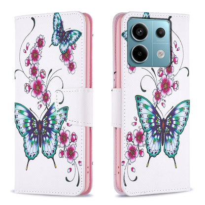 Leather phone case with white background, pink flowers and butterfly pattern, magnetic-flap wallet.