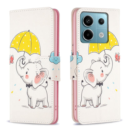 Leather phone case with cartoon elephants under yellow umbrellas and raindrops, magnetic-flap wallet.