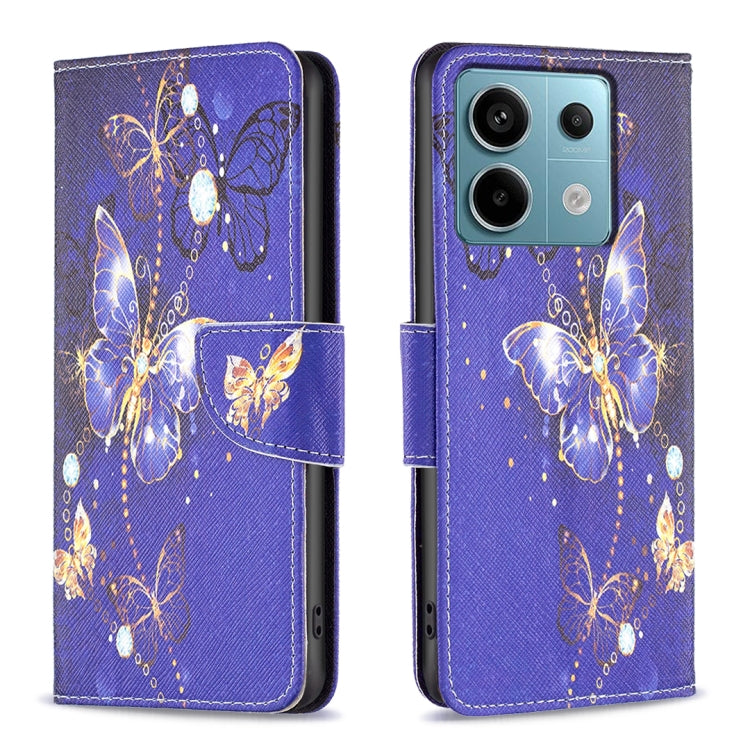 Leather phone case with deep purple butterfly pattern, wallet-style magnetic flap.