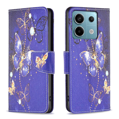 Leather phone case with deep purple butterfly pattern, wallet-style magnetic flap.