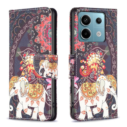 Leather phone case with colorful carousel horse pattern, wallet-style magnetic flap.