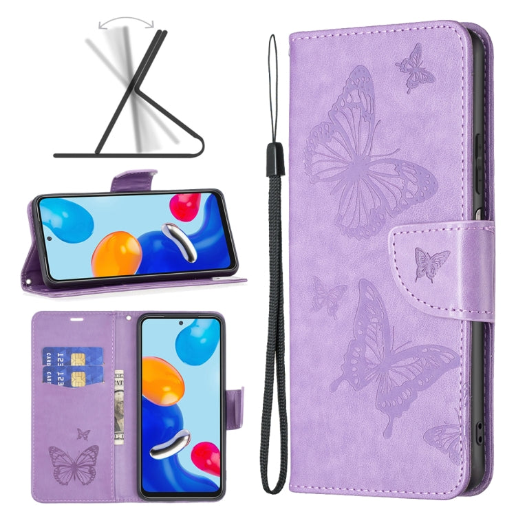 Embossed leather phone case in lavender purple with butterfly pattern, flip cover