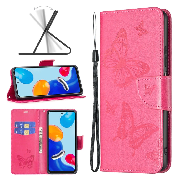 Pink butterfly embossed leather phone case with folio flap and wrist strap.