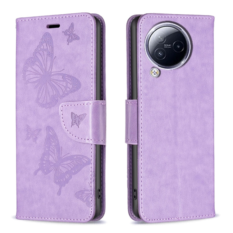 Purple butterfly embossed leather phone case with folio flap and camera cutout.