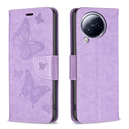 Purple butterfly embossed leather phone case with folio flap and camera cutout.