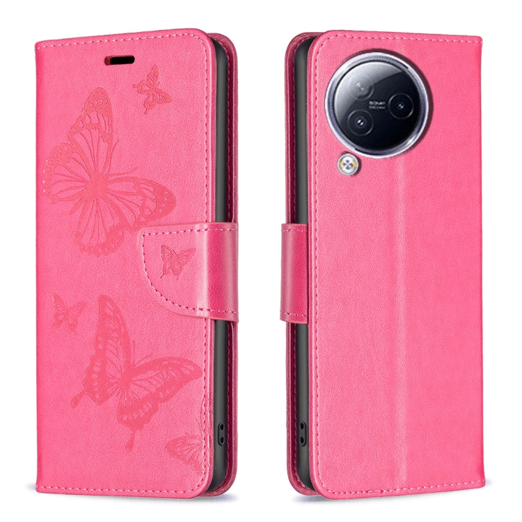 Coral pink butterfly embossed leather phone case with folio flap and camera cutout.