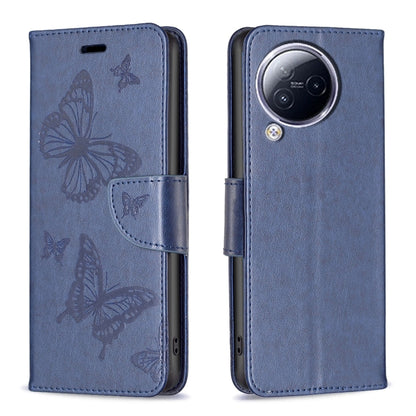 Blue butterfly embossed leather phone case with folio flap and camera cutout.