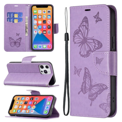 Purple embossed leather phone case with butterfly pattern, card pocket, and kickstand