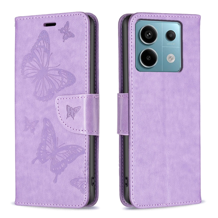Purple embossed leather phone case with butterfly pattern and flip strap