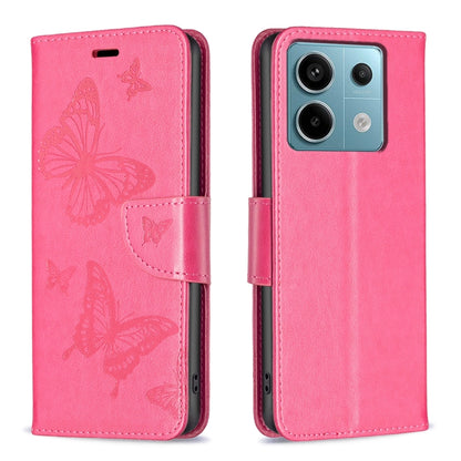 Rose red embossed leather phone case with butterfly pattern and flip strap