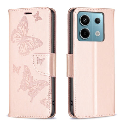 Rose gold embossed leather phone case with butterfly pattern and flip strap