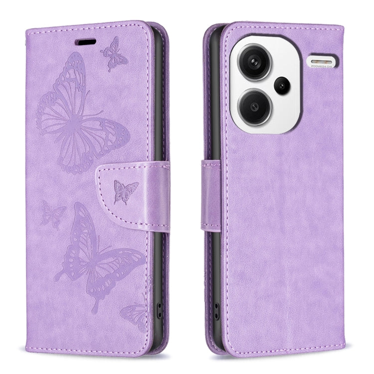 Purple embossed leather phone case with butterfly pattern and folio strap closure