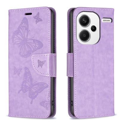 Purple embossed leather phone case with butterfly pattern and folio strap closure