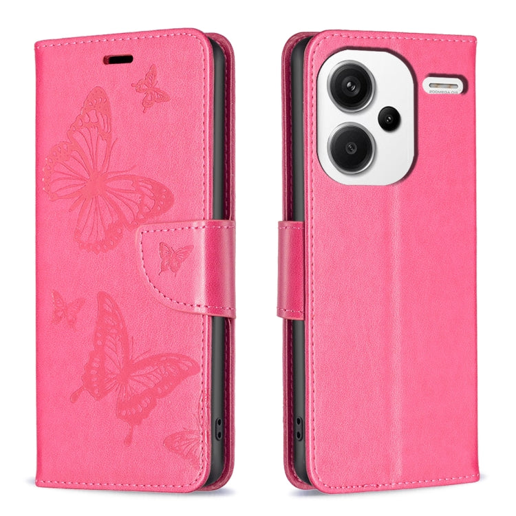 Pink embossed leather phone case with butterfly pattern and folio strap closure