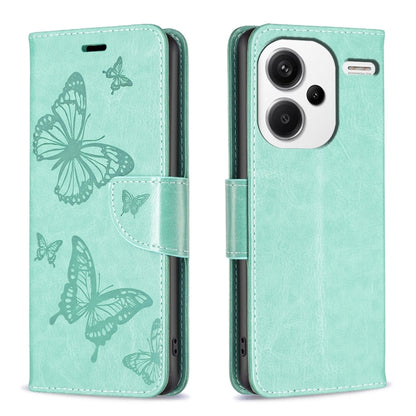 Mint green embossed leather phone case with butterfly pattern and flip strap